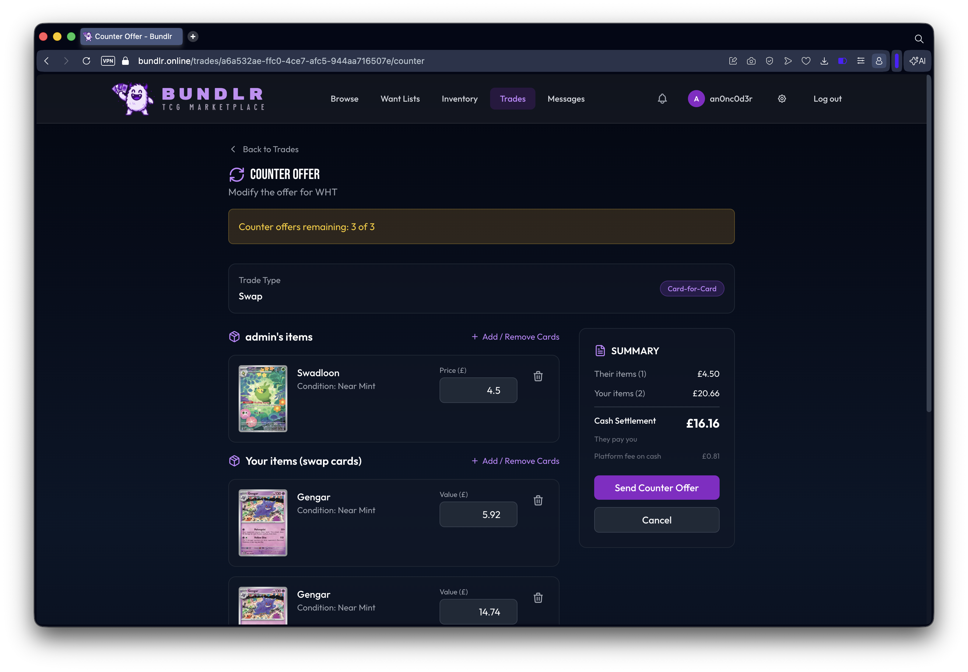 Counter-offer flow used to negotiate a trade inside the platform.