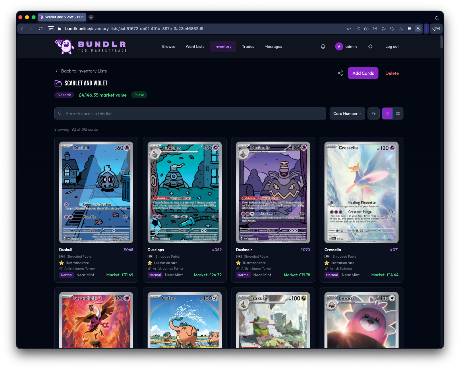Inventory list page showing cards and market values in a grid view.
