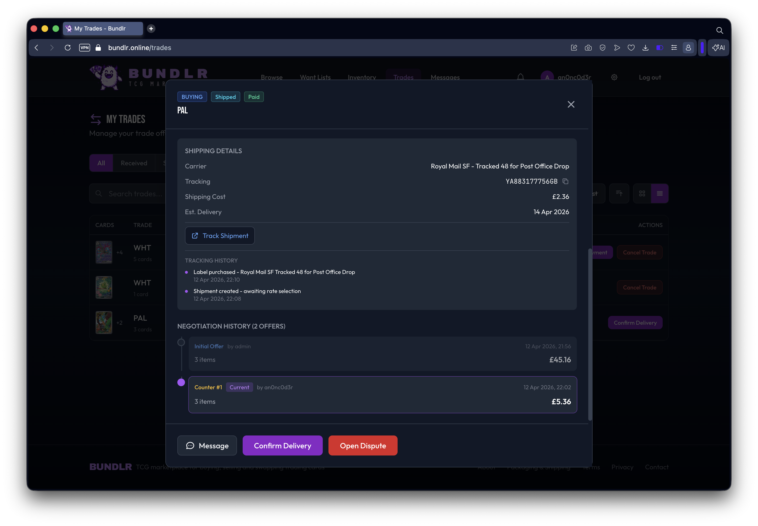 Live shipment tracking view for an inbound order.