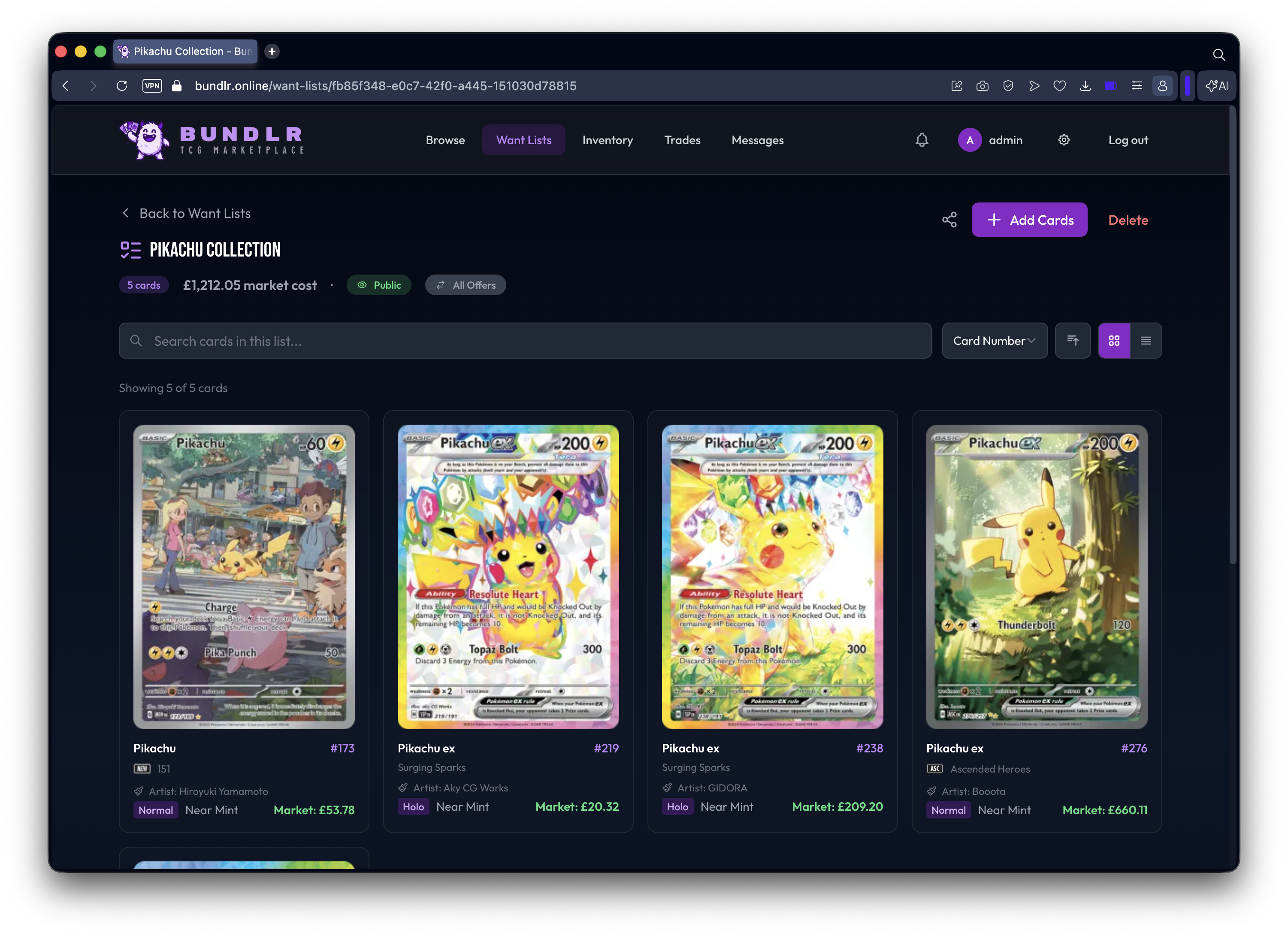 Want list card view showing a Pikachu collection and market values.