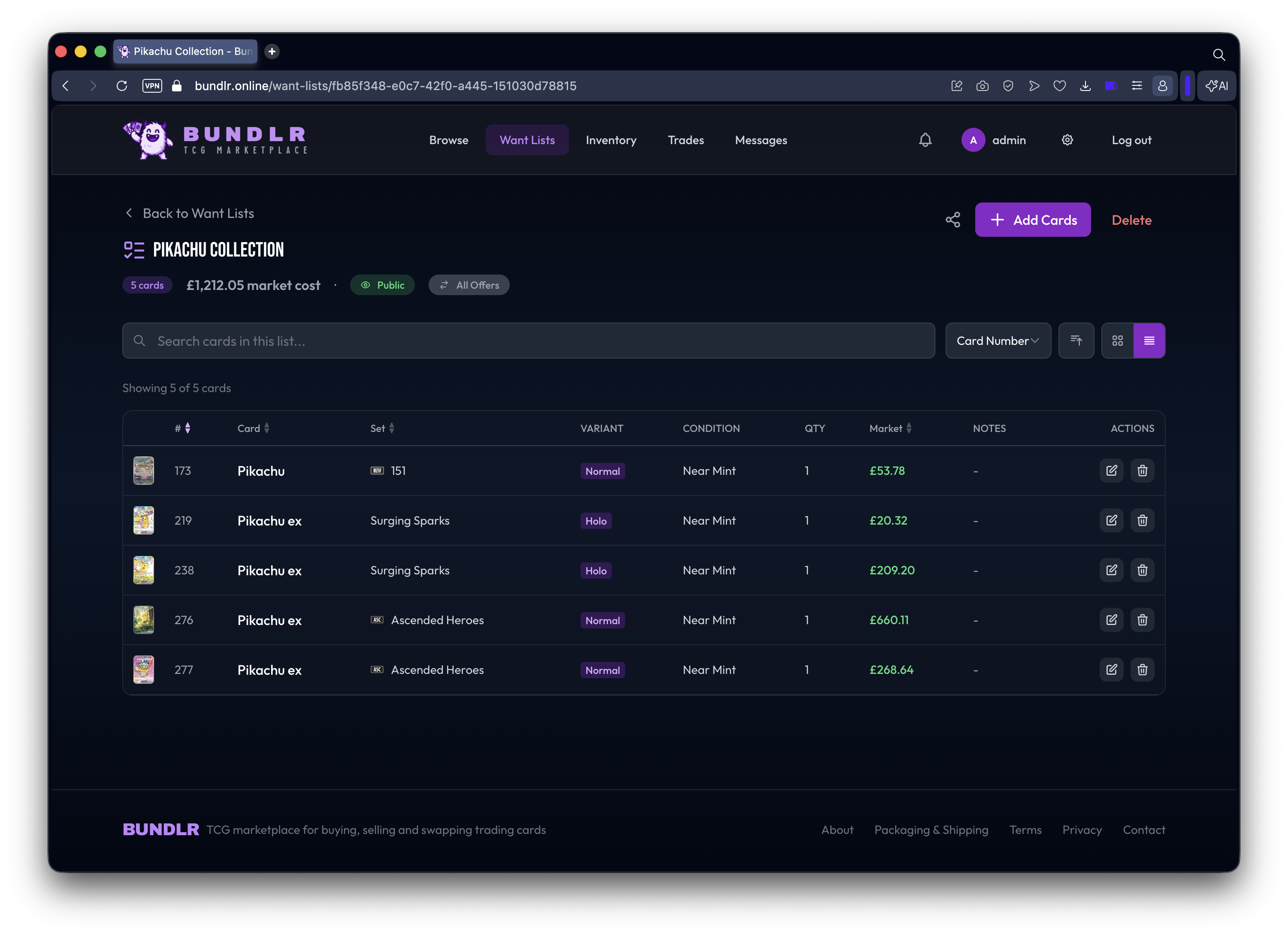 Want list table view showing cards, conditions, quantities, and market prices.